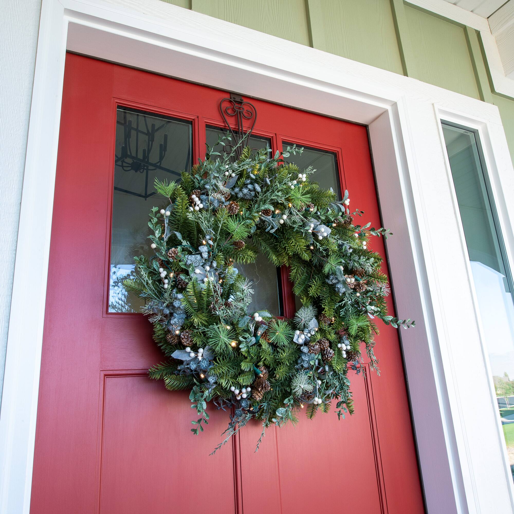 Village Lighting 30" Pre-Lit Rustic White Berry Christmas Wreath, Clear LED Lights